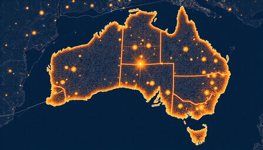 Stylized map of Sydney and Melbourne with glowing dots representing tech hubs