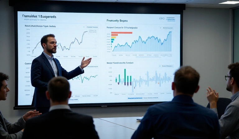 Person giving a presentation with charts and data on a screen