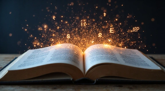 Open book with digital overlay of financial terms and symbols